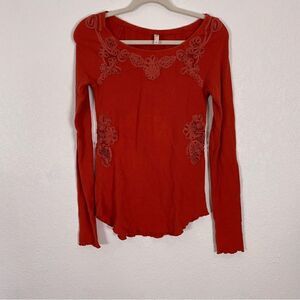 Free‎ People Dark Orange withs Swirl Embroidery Waffle Knit Thermal Long Sleeve